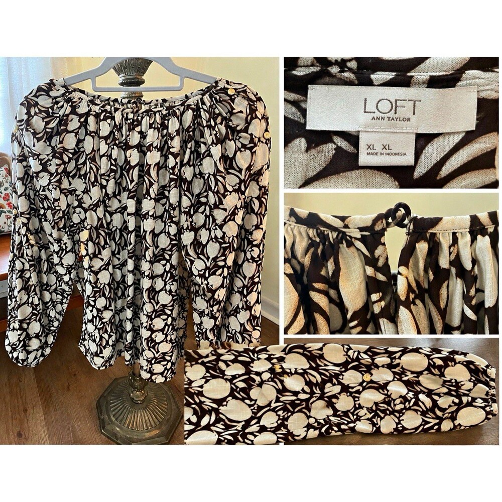 LOFT Womens XL Brown Ivory Floral Print Blouse Balloon Sleeve Keyhole Top